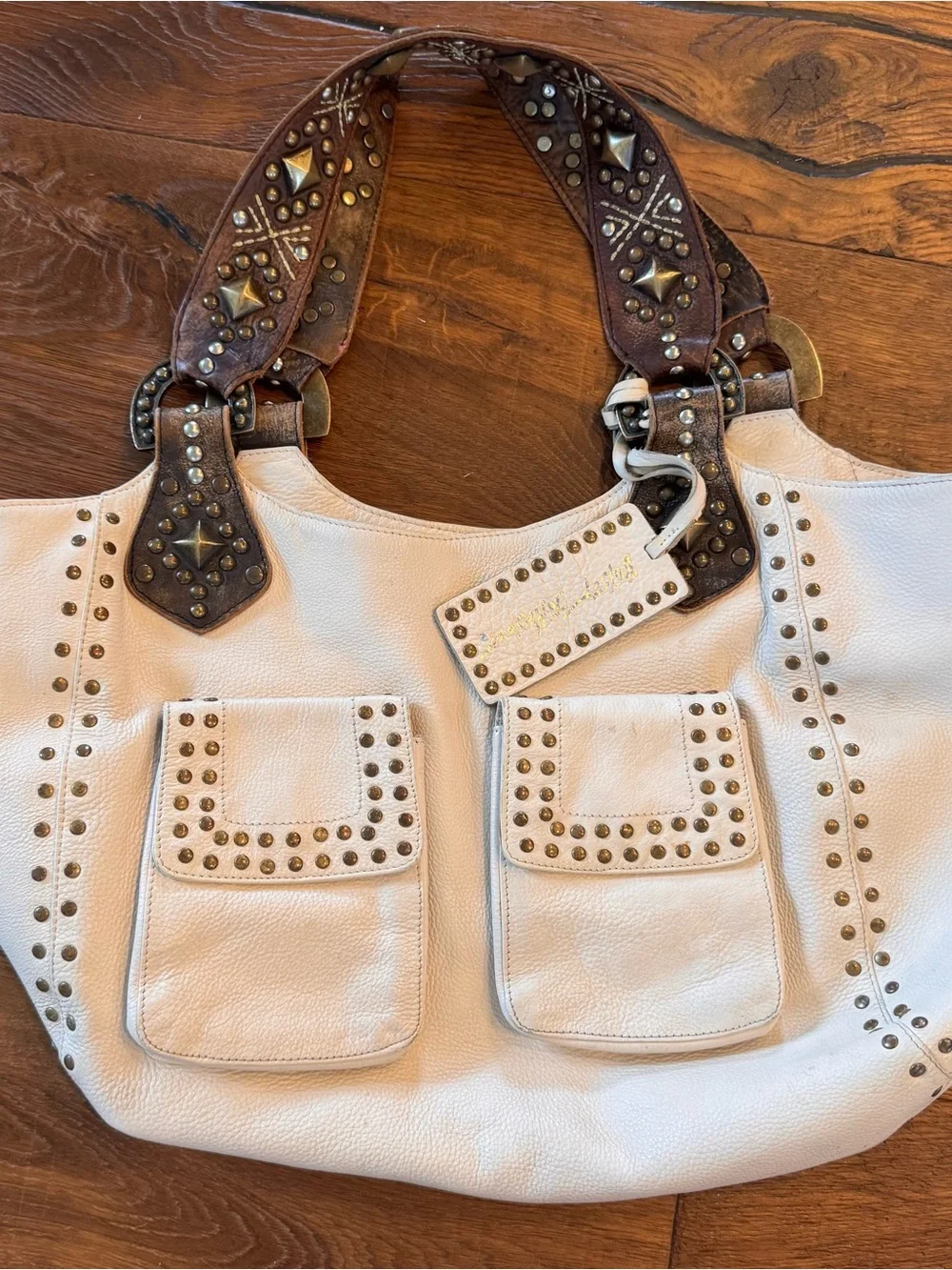 Betsey Johnson Cream Vintage Y2K Leather Shoulder Bag with Brown Studded Straps